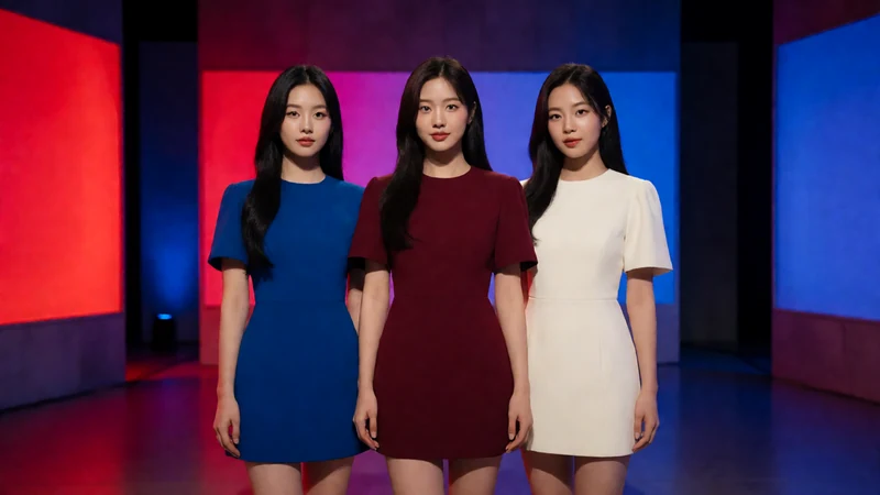 madoutv主题视觉:三名虚构成年亚洲女性身穿不透明时尚短裙站在影棚中央