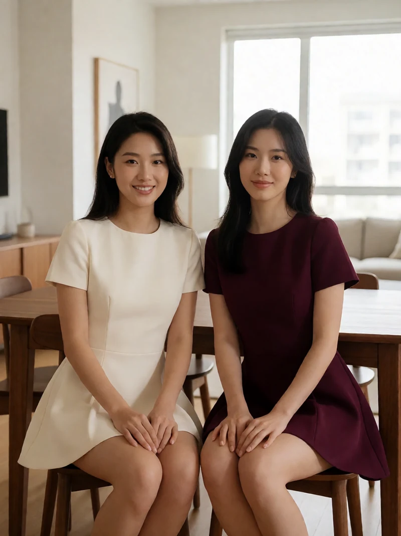 两名虚构成年亚洲女性穿不透明居家短裙坐在餐桌旁