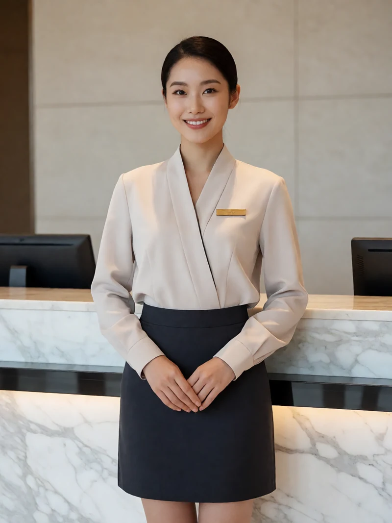 虚构成年亚洲女性穿不透明现代前台制服站在酒店接待区中央